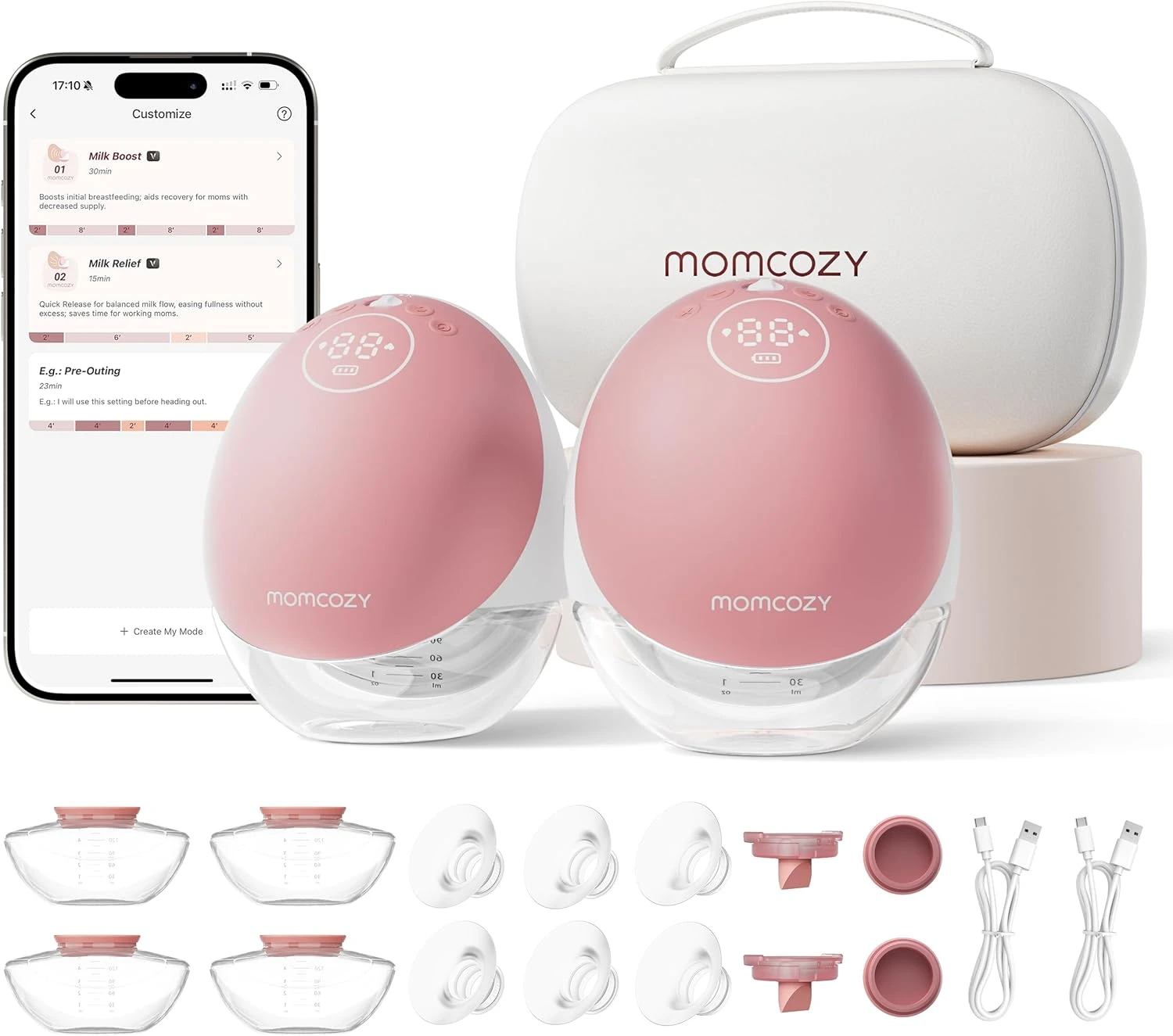 مضخة حليب Momcozy المحمولة بدون استخدام اليدين - إصدار Mobile Flow M9 مع تحكم بالتطبيق، أوضاع متعددة مخصصة، 15 مستوى شفط، مضخة صدر قابلة للارتداء، عبوتان بلون أحمر مريح